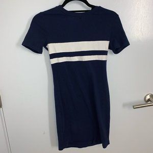 Blue t-shirt dress with white stripe